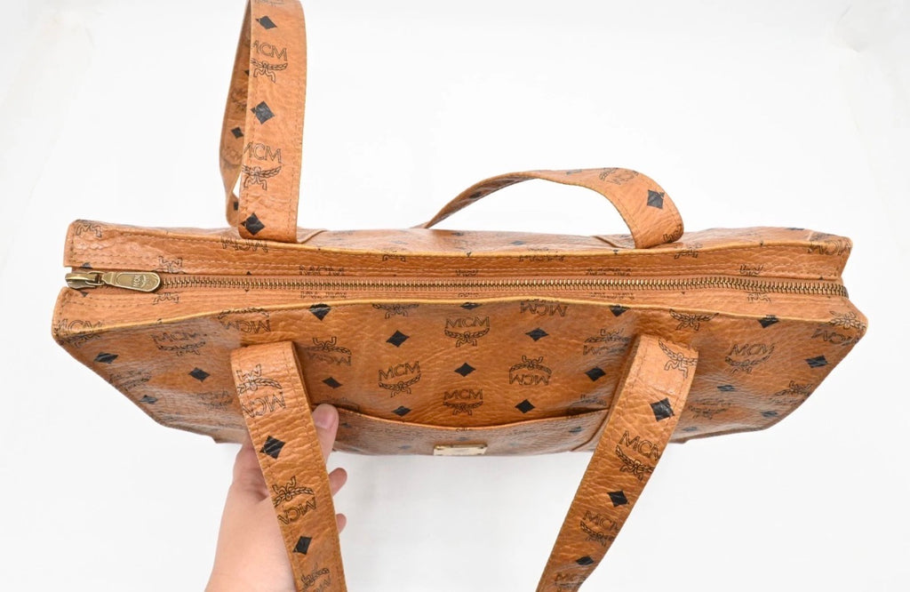MCM Cognac Visetos Coated Canvas Top Zip Tote.