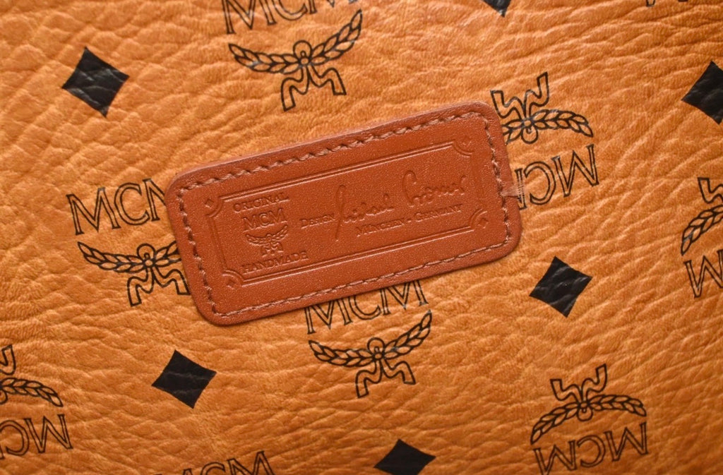 MCM Cognac Visetos Coated Canvas Top Zip Tote.