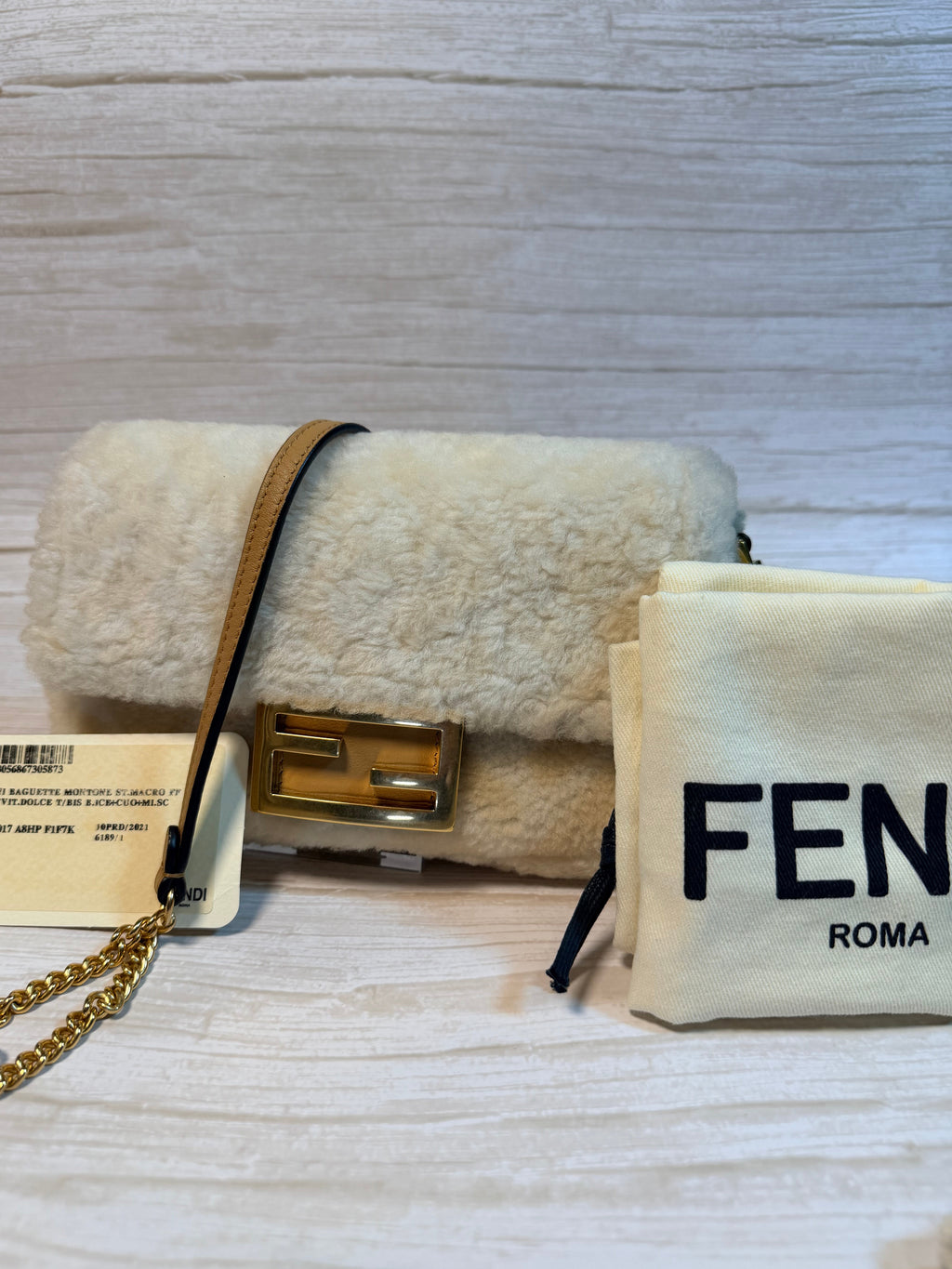 Fendi Mini Baguette with Montone (shearling) St. Macro FF - 166