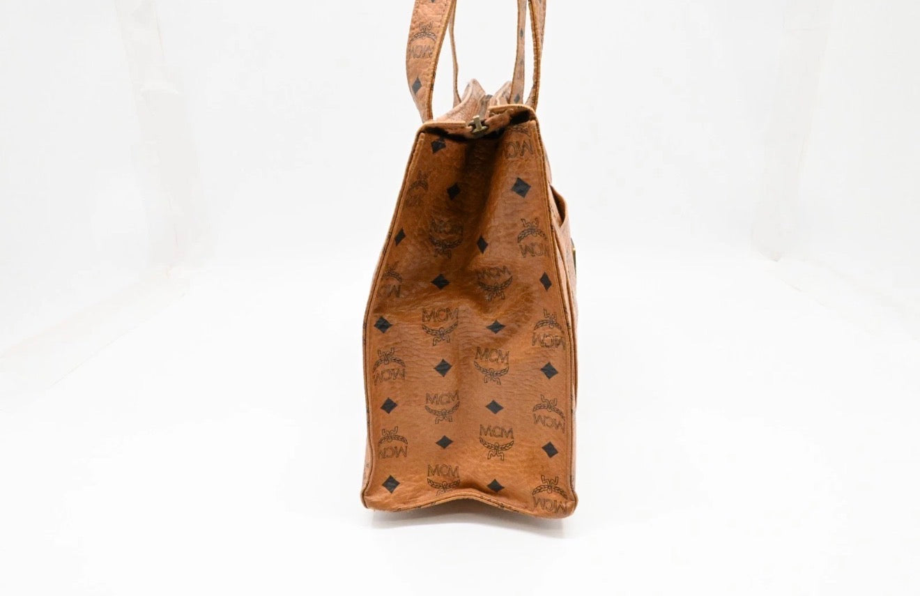 MCM Cognac Visetos Coated Canvas Top Zip Tote.