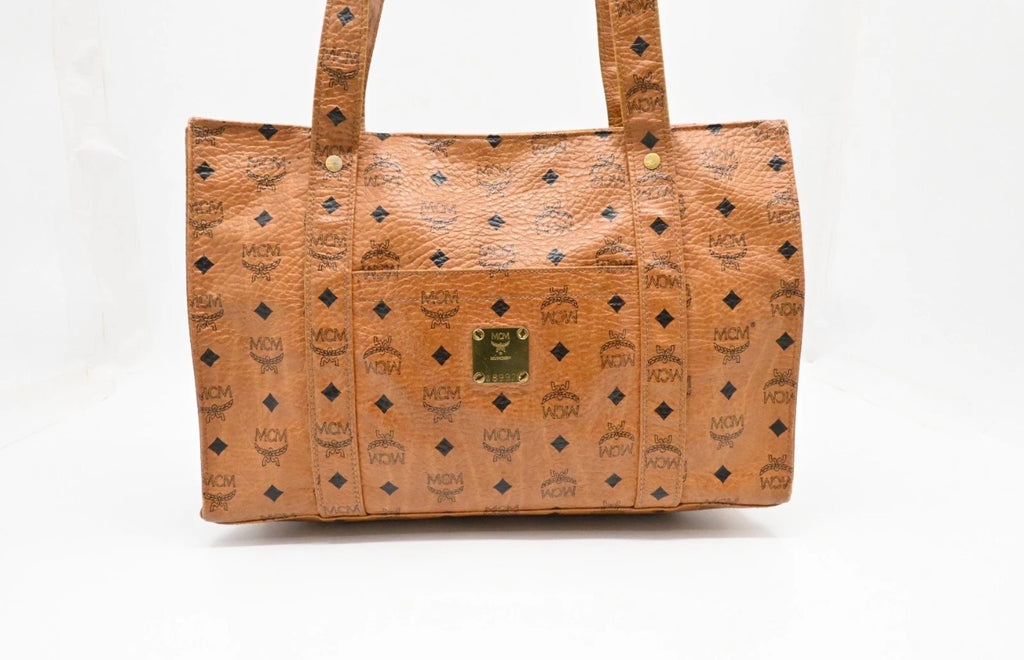 MCM Cognac Visetos Coated Canvas Top Zip Tote.