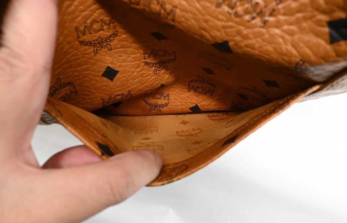 MCM Cognac Visetos Coated Canvas Top Zip Tote.