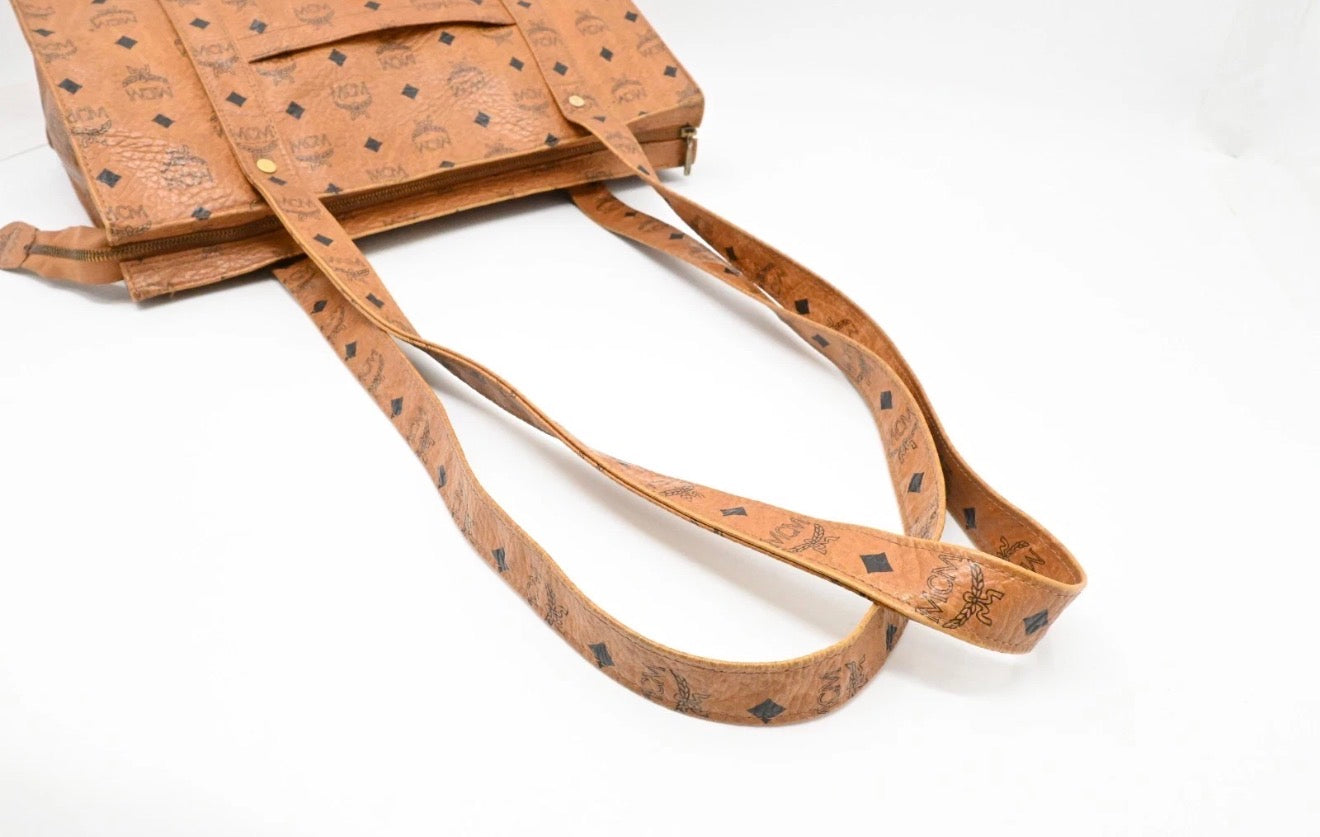 MCM Cognac Visetos Coated Canvas Top Zip Tote.