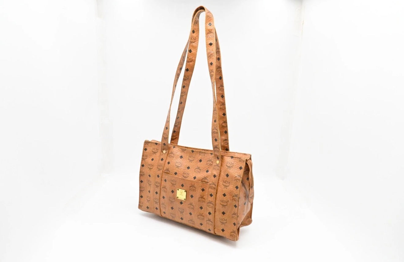 MCM Cognac Visetos Coated Canvas Top Zip Tote.