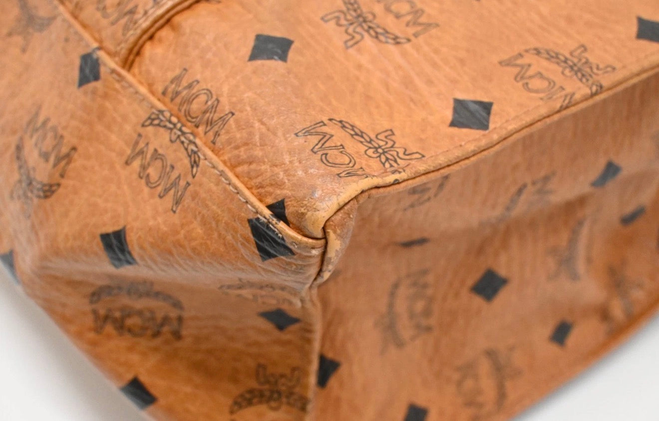 MCM Cognac Visetos Coated Canvas Top Zip Tote.