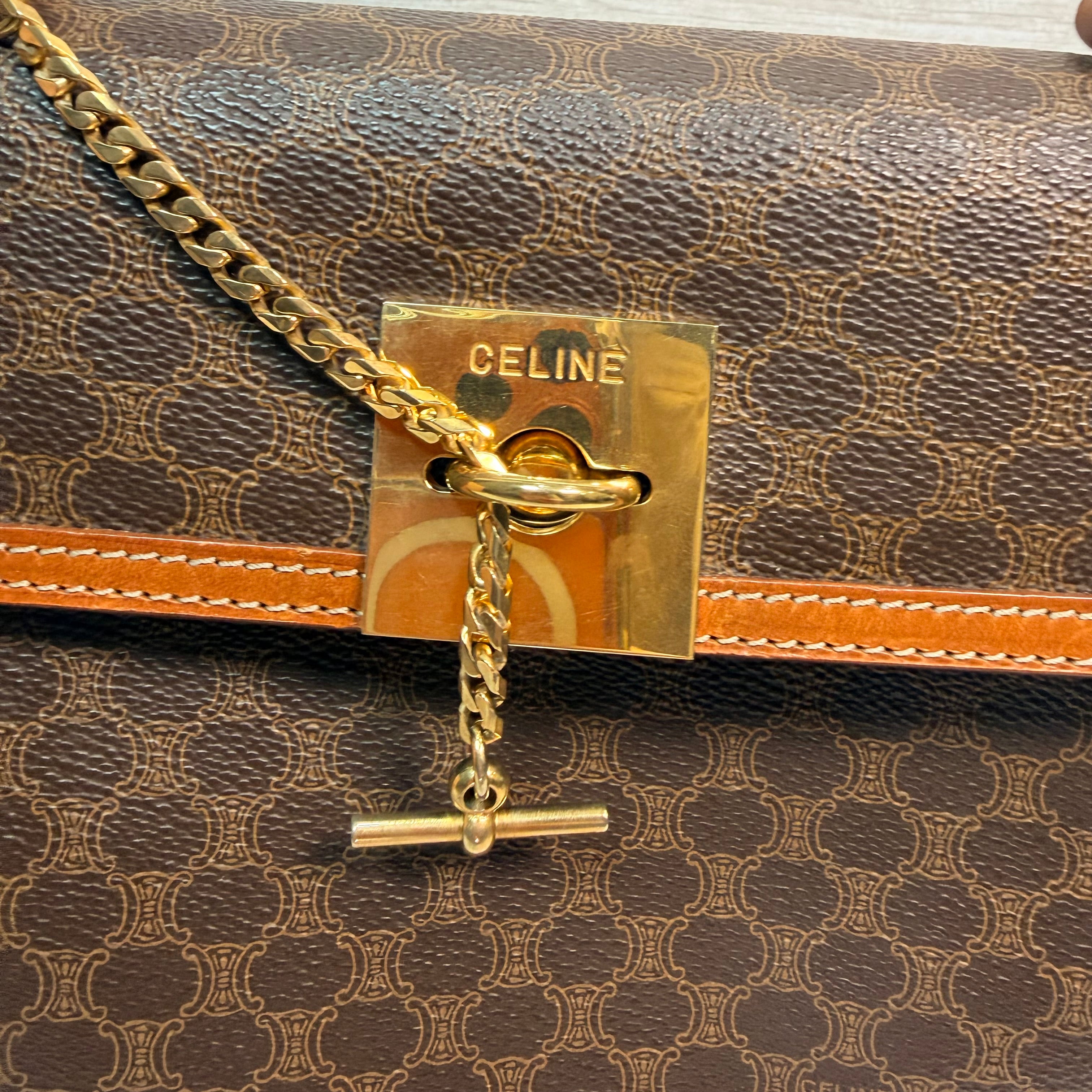 CELINE Macadam Blason Triomphe Logo Ring Metal Handbag leather PVC Brown