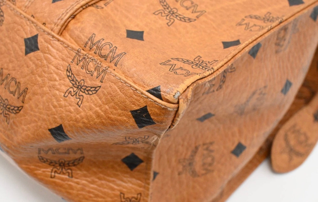MCM Cognac Visetos Coated Canvas Top Zip Tote.