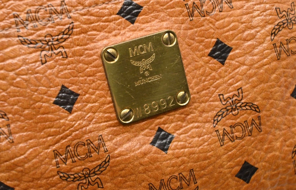 MCM Cognac Visetos Coated Canvas Top Zip Tote.