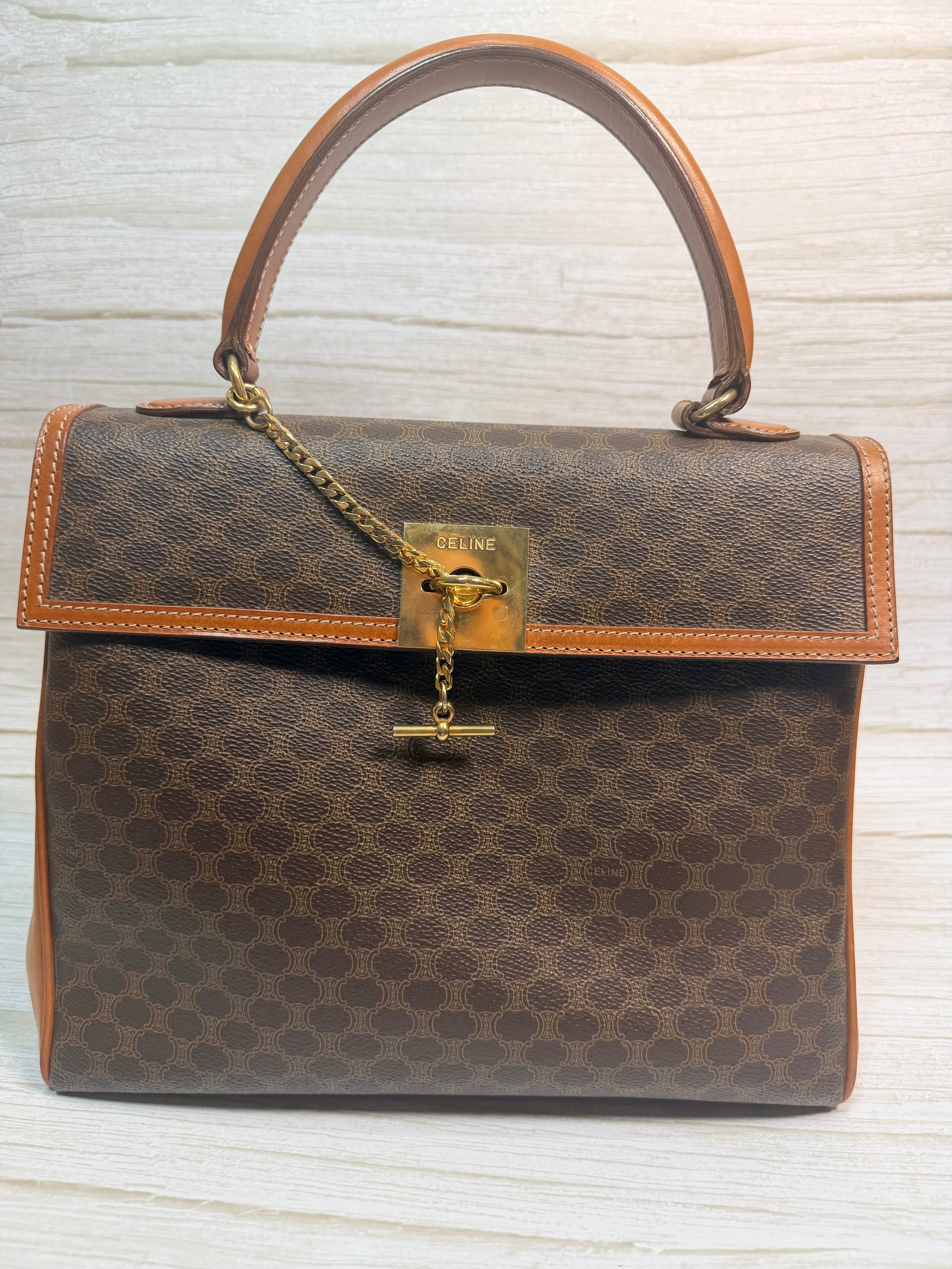 CELINE Macadam Blason Triomphe Logo Ring Metal Handbag leather PVC Brown