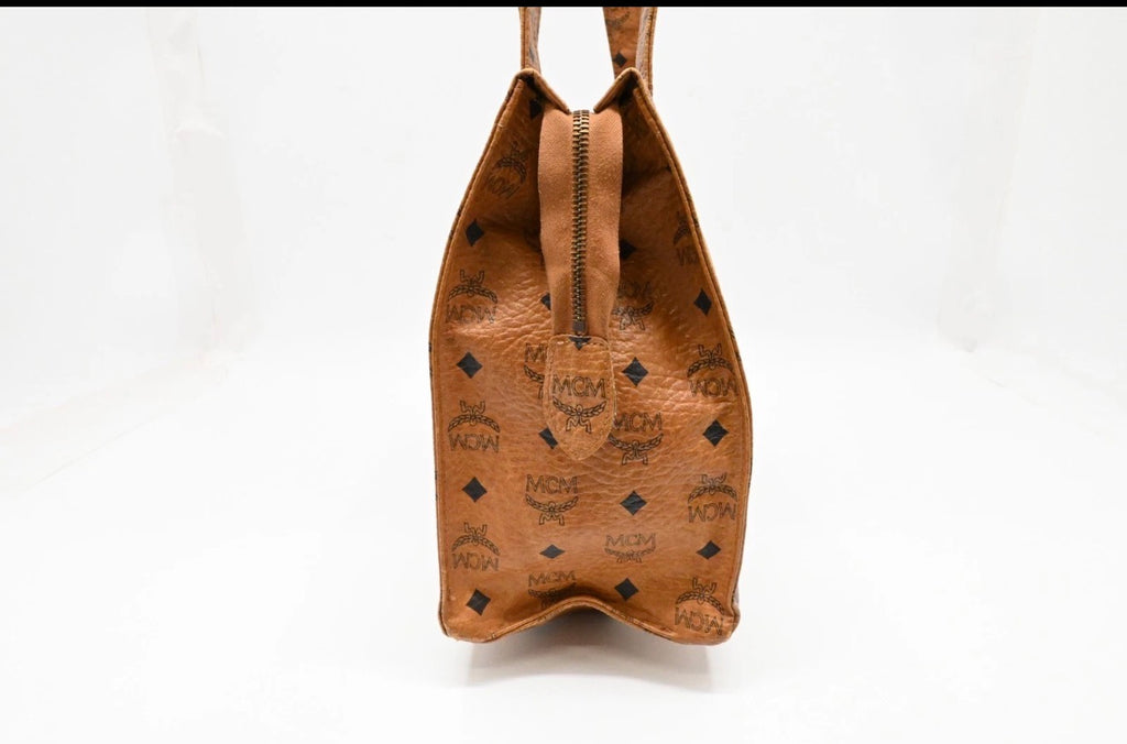 MCM Cognac Visetos Coated Canvas Top Zip Tote.