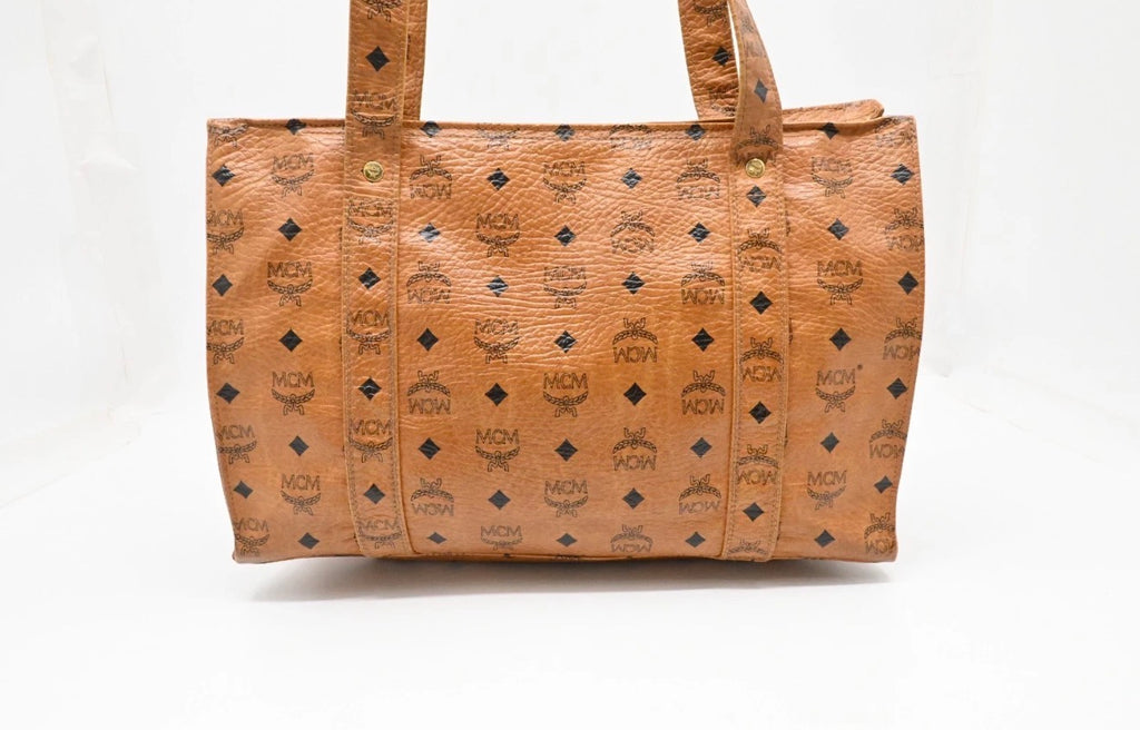 MCM Cognac Visetos Coated Canvas Top Zip Tote.