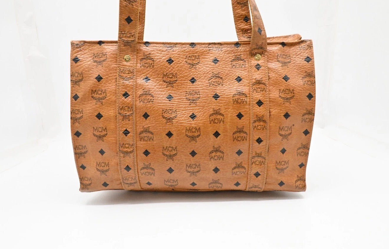 MCM Cognac Visetos Coated Canvas Top Zip Tote.