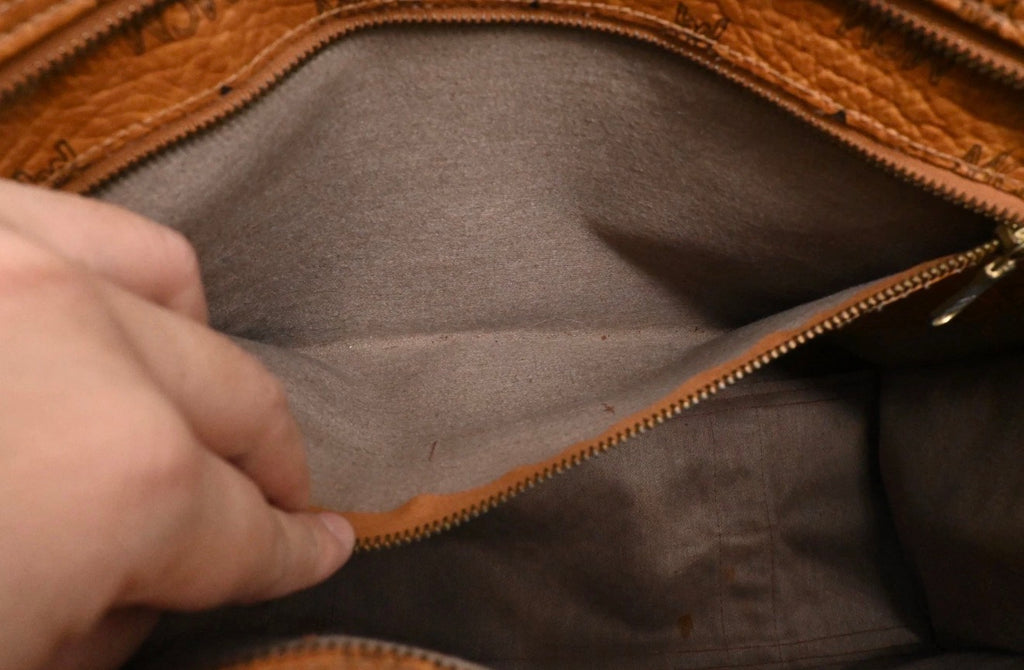 MCM Cognac Visetos Coated Canvas Top Zip Tote.