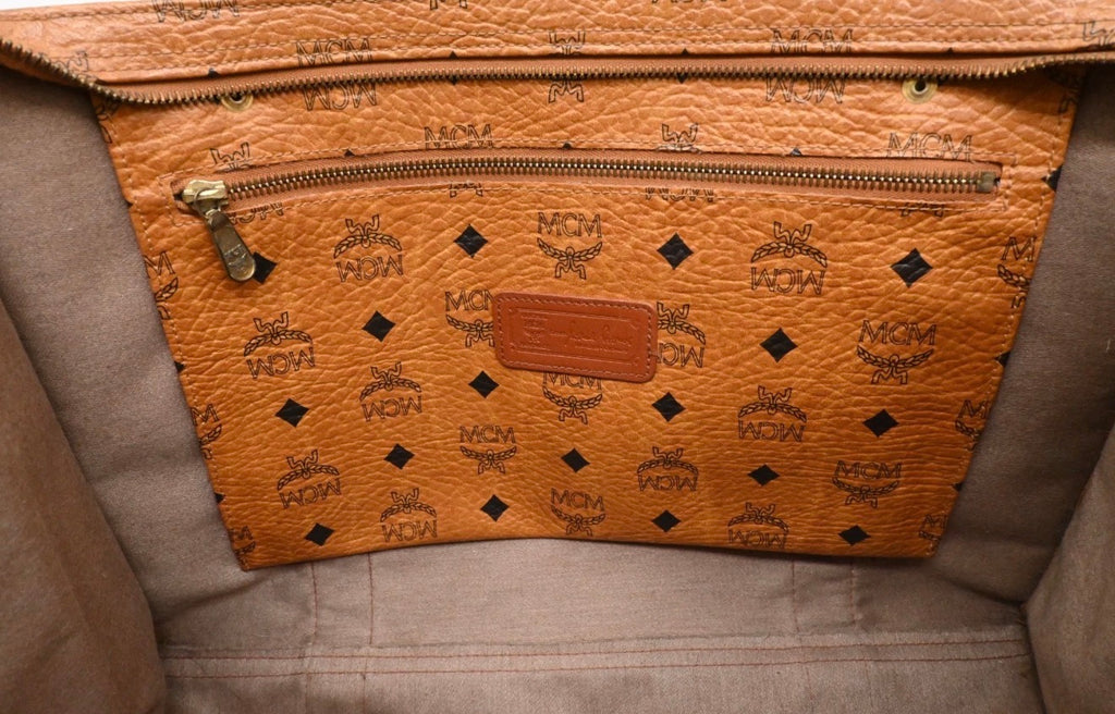 MCM Cognac Visetos Coated Canvas Top Zip Tote.